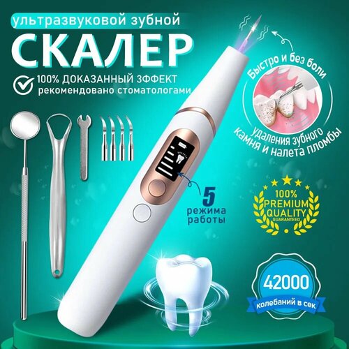 Скалер для удаления зубного камня Скалер ультразвуковой Отбеливающий набор для зубов5 режимов с 4 насадками для чистки водонепроницаемость IPX6 зарядка через USB 2399₽
