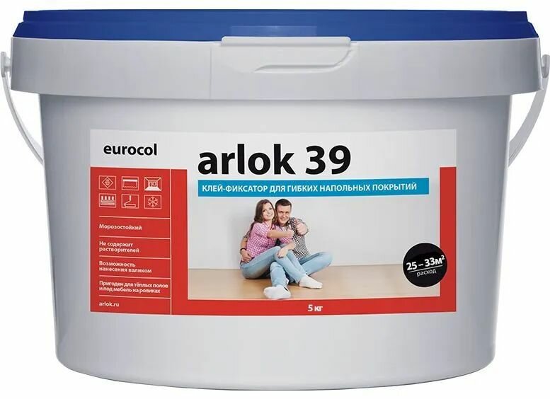 Клей-фиксатор Arlok 39 для гибких напольных покрытий 5 кг / Клей водно-дисперсионный для виниловых покрытий ковролина линолеума Eurocol Arlok 39 банка 5 кг