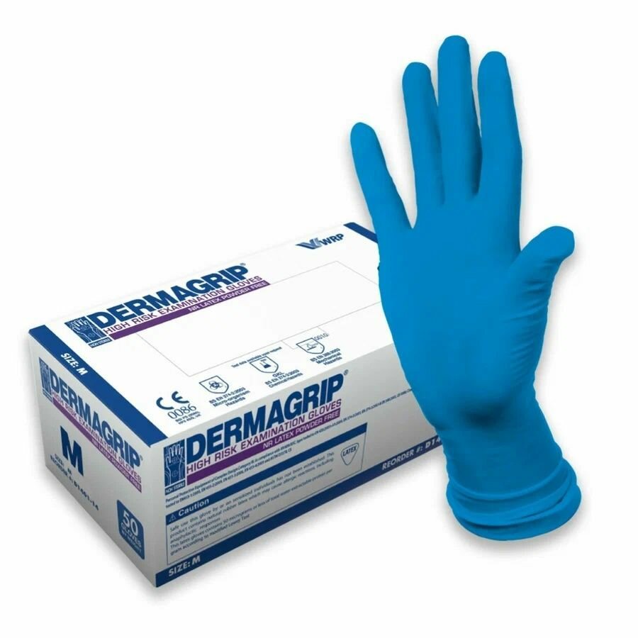 Перчатки DERMAGRIP HIGH RISK сверхпрочные латексные неопудренные 50 штук размер М