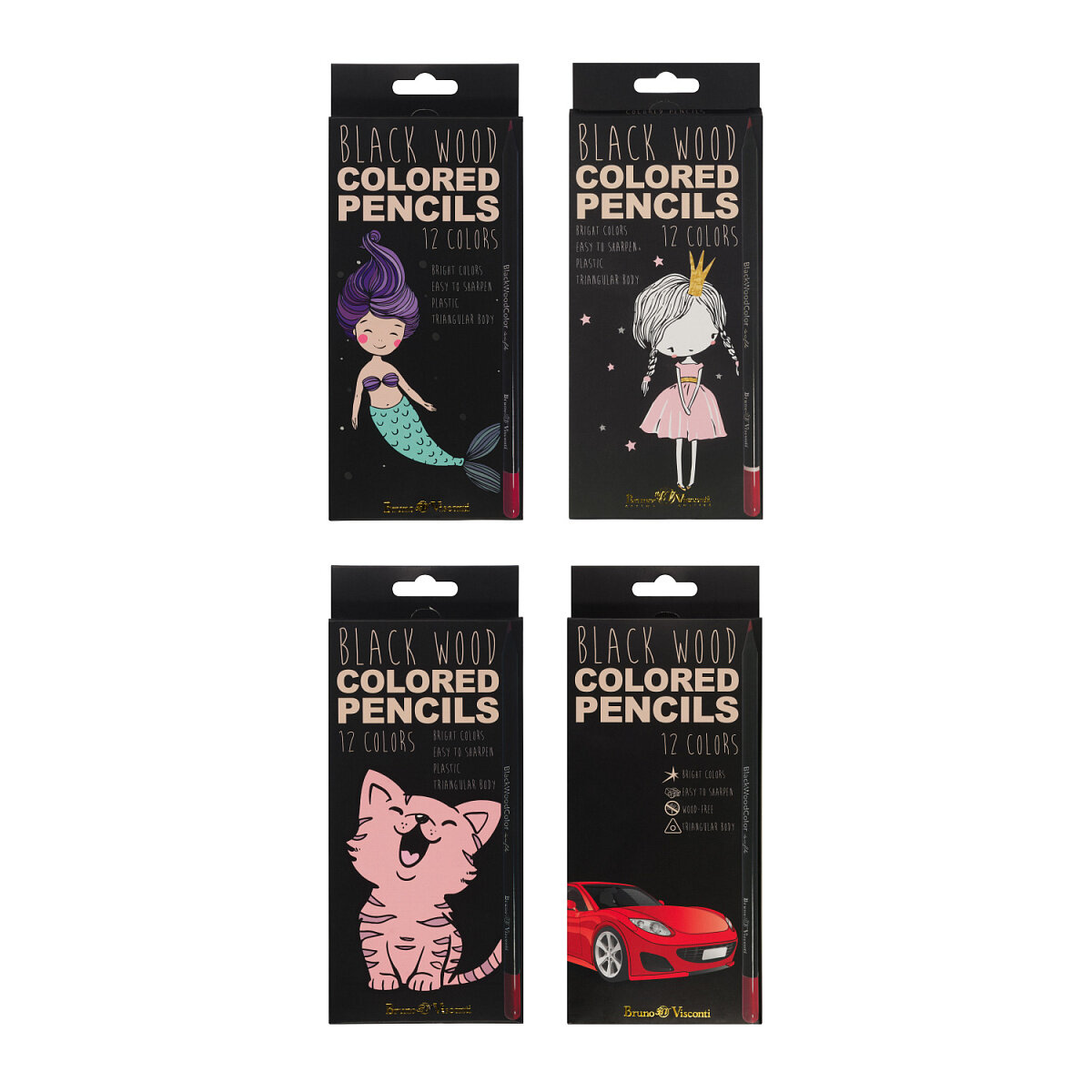 Карандаши BrunoVisconti цветные,12 цветов, 4 вида BlackWoodColor Арт. 30-0097 упаковка в ассортименте. Цена за 1 набор.