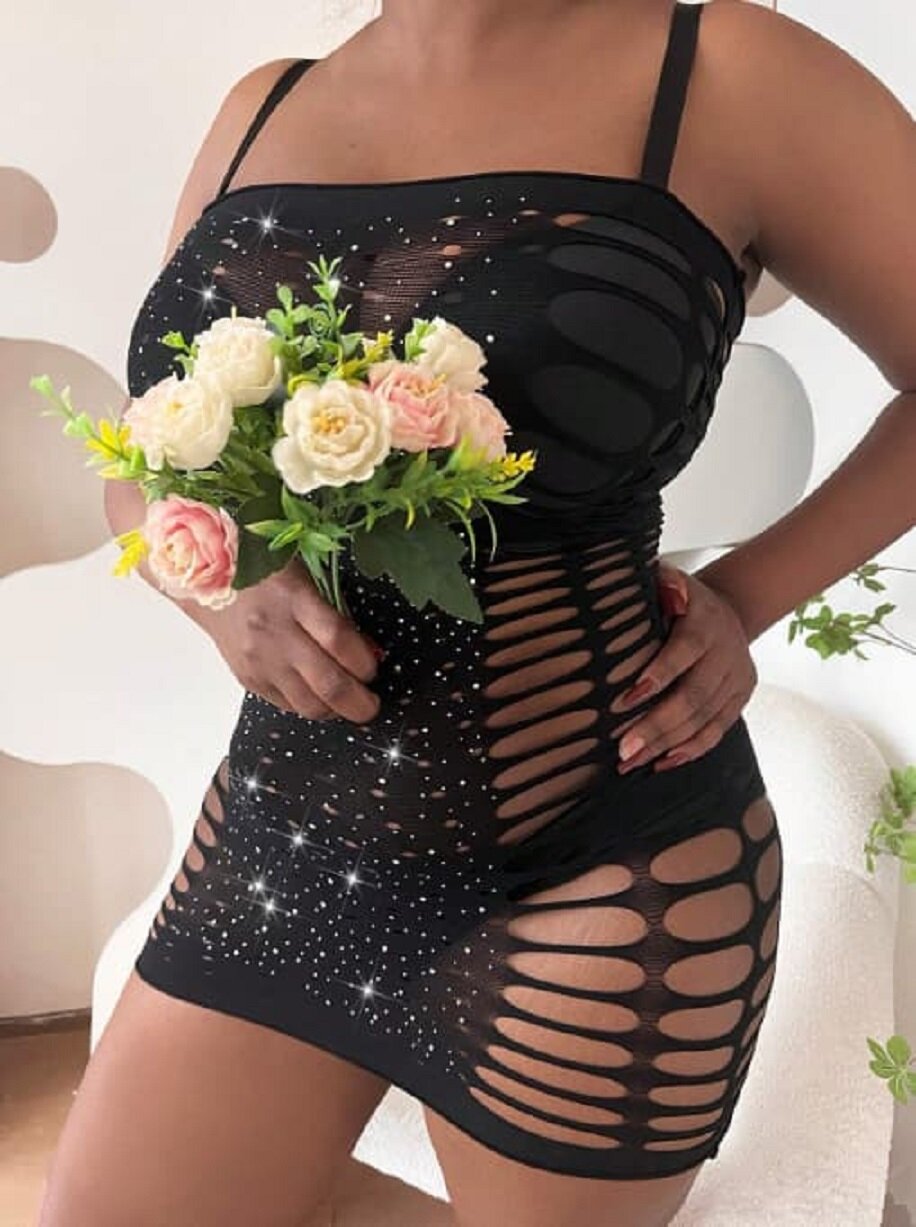 Платье женское сетка "Shans" со стразами, черного цвета, XXL/XXXL