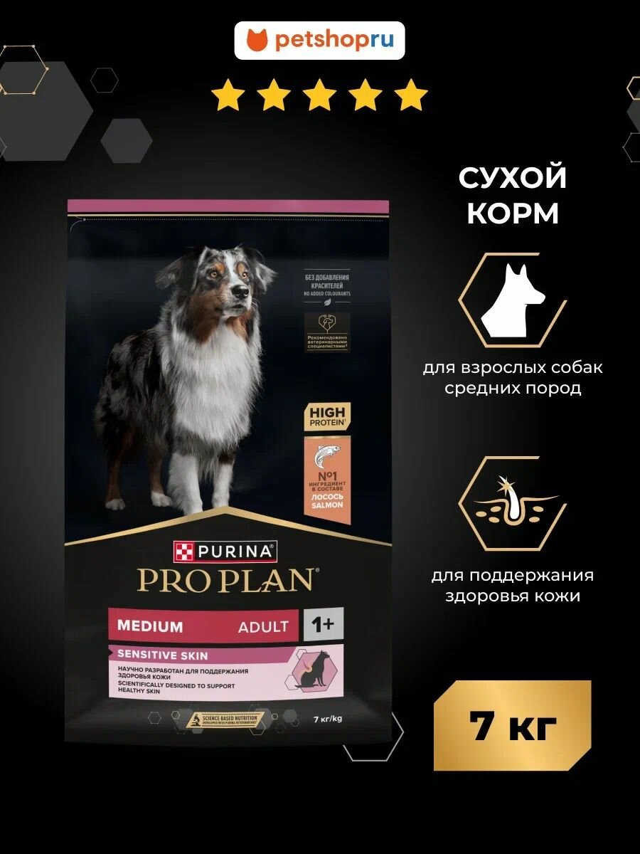 Сухой корм PRO PLAN SENSITIVE SKIN для взрослых собак средних пород с чувствительной кожей, с высоким содержанием лосося, 7 кг