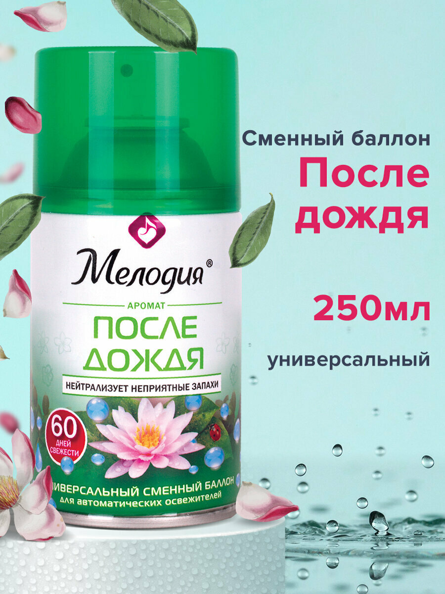 Освежитель воздуха автоматический сменный / запасной баллон 250 мл Мелодия После дождя для автоматических освежителей универсальный 605227