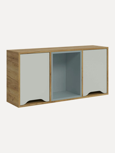 Изображение товара Детская полка Лео, с дверцами, 101.6х27х49 см, Дуб Крафт золотой / Сумеречный голубой / Пастельный зеленый