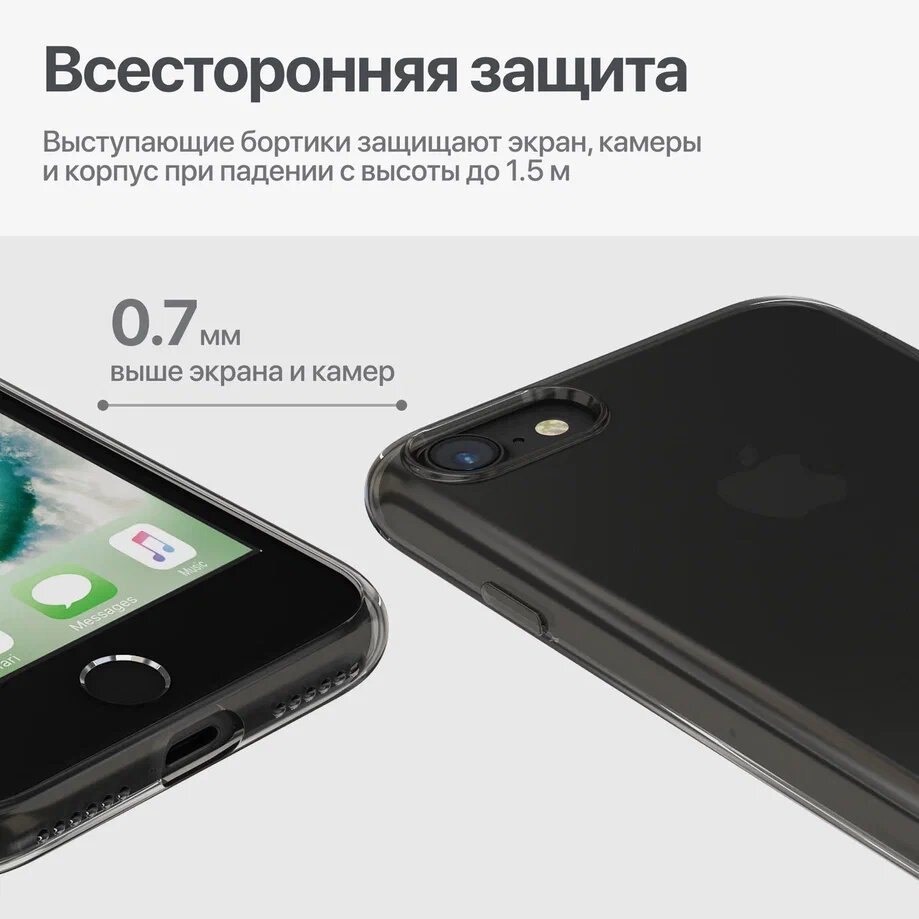 Силиконовый чехол на iPhone 7, 8, SE / Айфон 7, 8, СЕ (2020, 2022) бампер защитный, тонкий, темно - прозрачный — фото 1