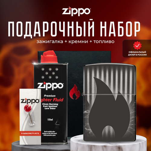 Зажигалка ZIPPO Подарочный набор ( Зажигалка бензиновая Zippo 48738 Design + Кремни + Топливо 125 мл ) зажигалка zippo подарочный набор зажигалка бензиновая zippo 48658 devilish ace design кремни топливо 125 мл