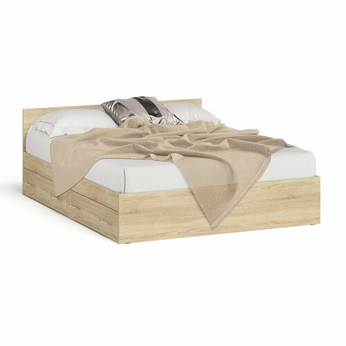 Кровать двуспальная с выдвижными ящиками Мори 1600 цвет дуб сонома ШхГхВ 1635х2035х70 см без матраса основание есть 19388₽