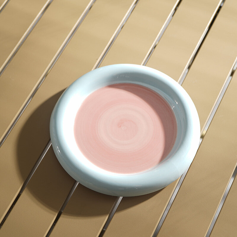 фото Тарелка керамическая обеденная десертная круглая, ручная работа плешоп посуда для дома в корейском стиле, для украшений, розово-голубая, 20 см