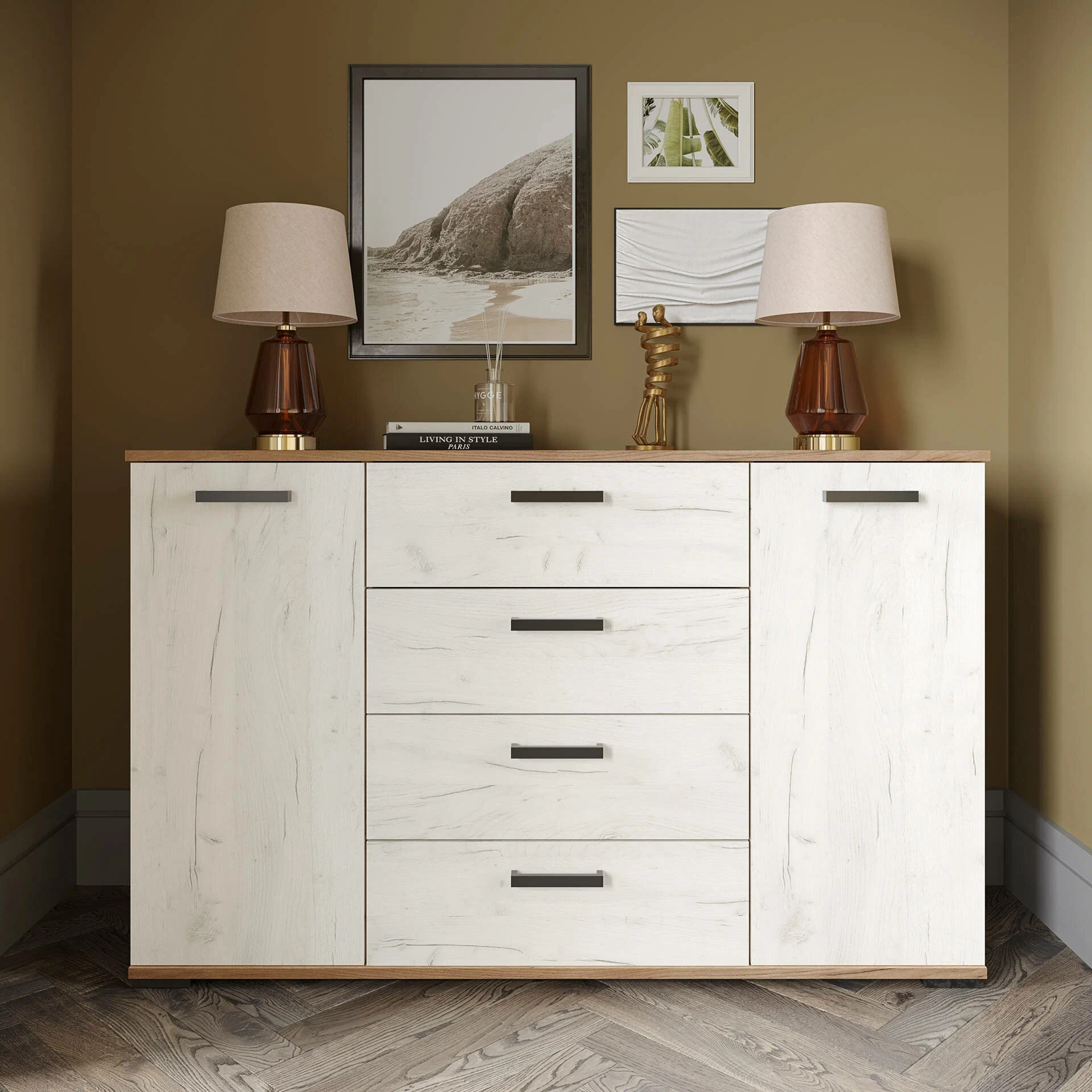 Комод с 4 ящикам и 2 створками КМ-4 1310х820х435 Дуб крафт табачный, Дуб крафт белый