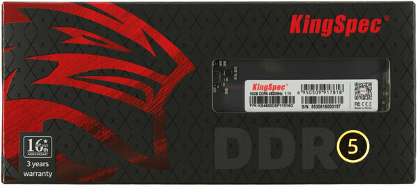 KINGSPEC Память DDR5 16GB 4800MHz Kingspec KS4800D5P11016G RTL PC5-38400 CL40 DIMM 288-pin 1.1В single rank Ret