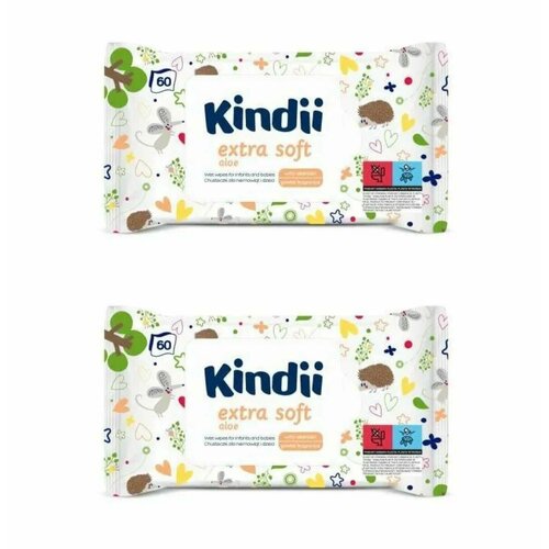 KINDII Влажные салфетки для детей Extra Soft, 60 шт, 2 упаковки/ kindii extra soft влажные салфетки детские 60 шт уп 9 шт