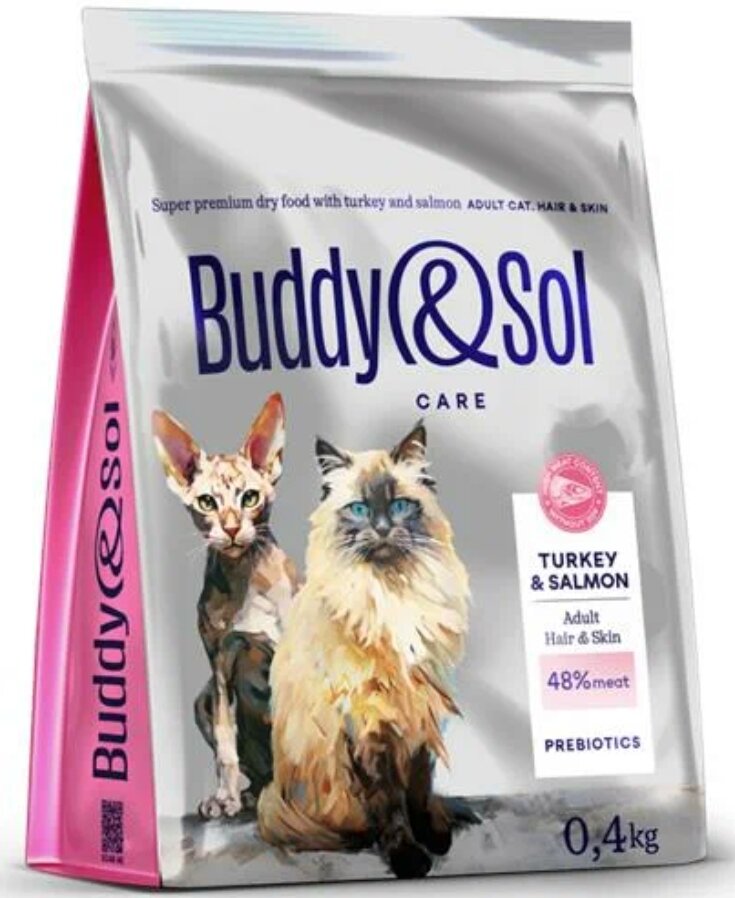 фото Сухой корм для взрослых кошек Buddy&Sol Adult Hair&Skin, с индейкой и лососем, для здоровья кожи и шерсти, 2 кг