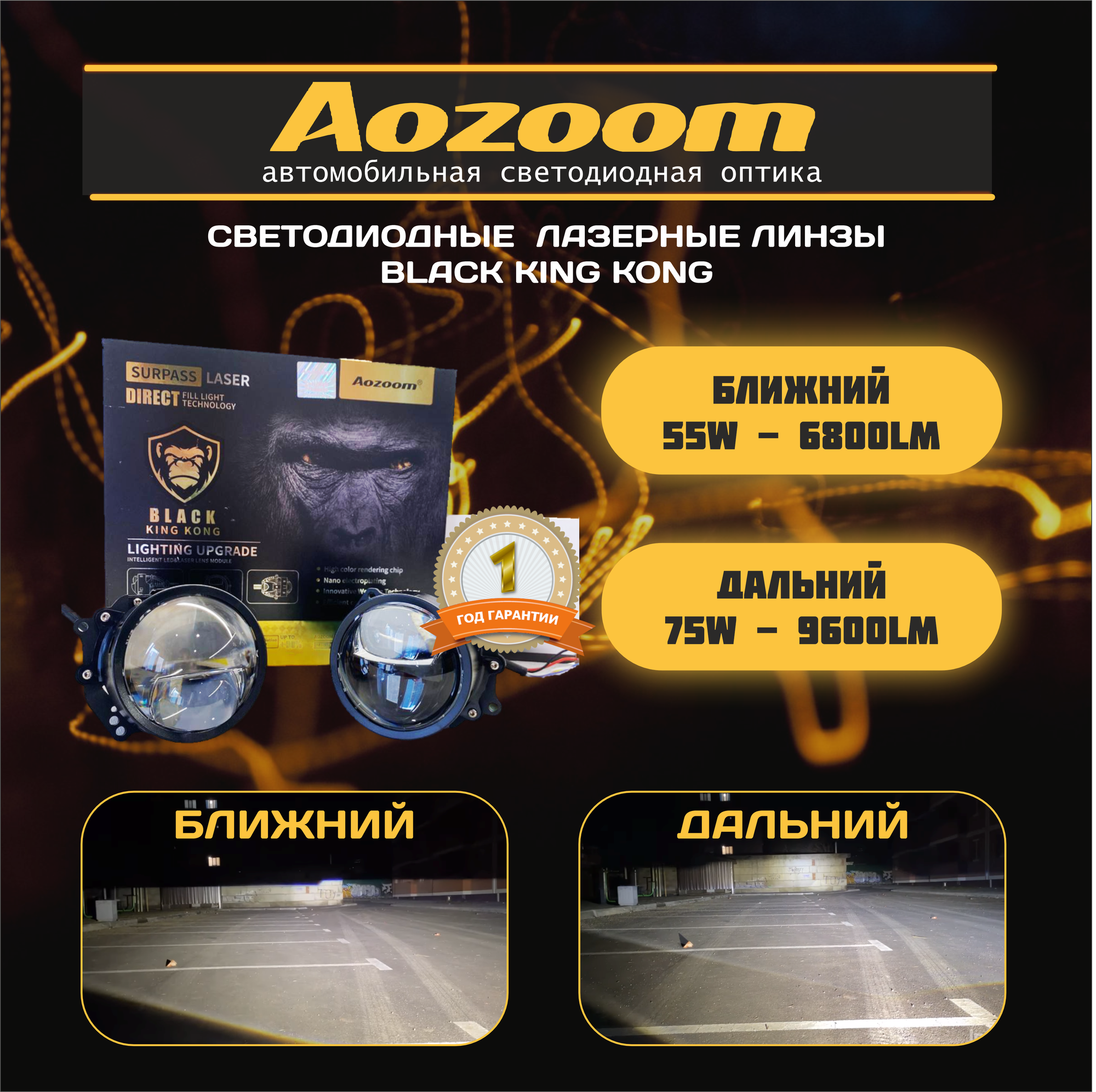 Светодиодные модули дальнего/ближнего света Aozoom Black King Kong 12V BI LED 3" (2 линзы, комплект)