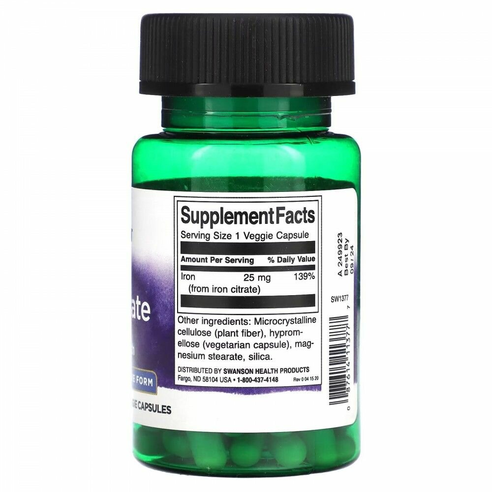 Картинки Железо цитрат США Swanson Iron Citrate 25 мг. 60 веган капсул