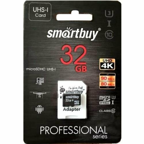 Карта памяти Smartbuy microSDHC Professional Class 10 UHS-I U3 (90/80MB/s) 32GB + ADP карта памяти smartbuy micro sdhc 32gb class 10 uhs i adp