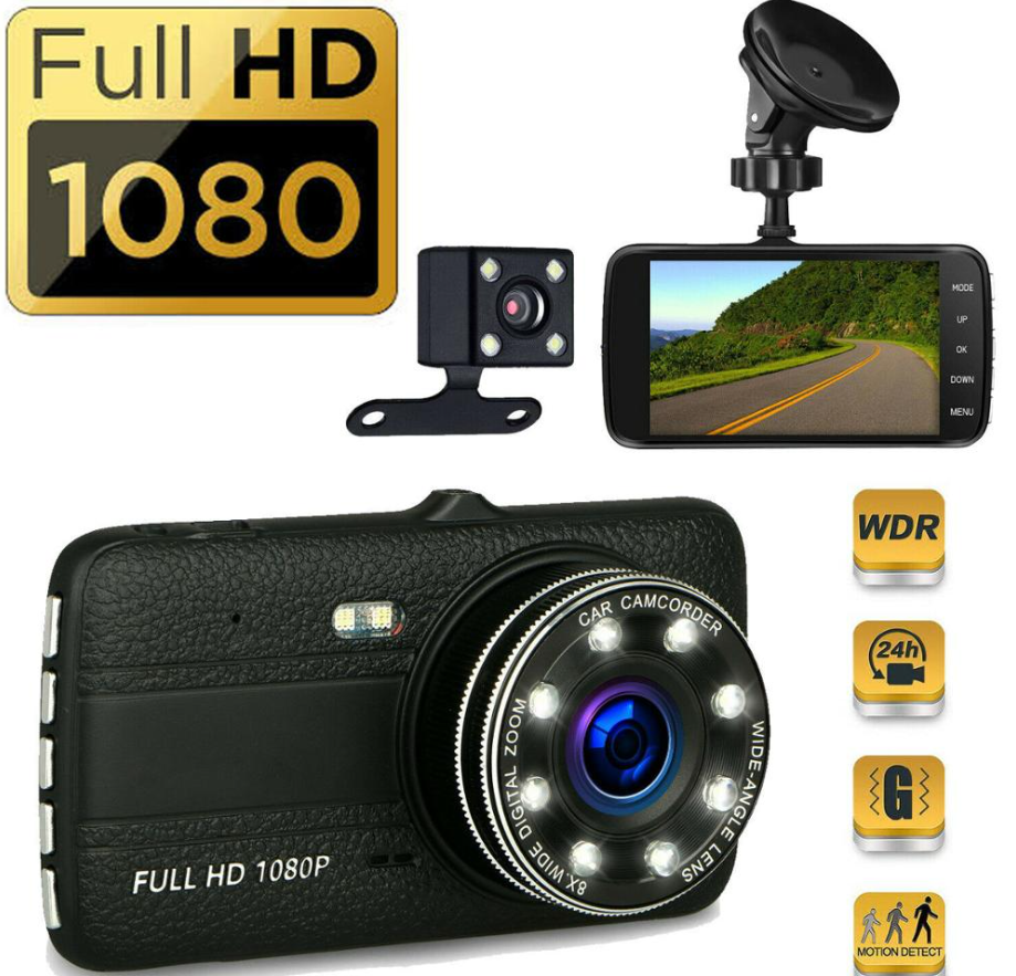 Видеорегистратор, 2 камеры, Full HD 1080р, WDR, G-sensor, черный