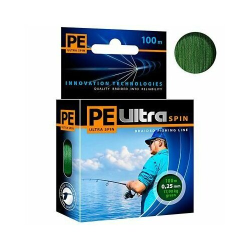 Плетеный шнур AQUA PE ULTRA SPIN 0,25мм 100м, цвет - темно-зеленый, тест - 17,90кг