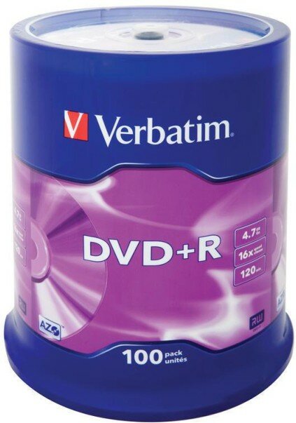 Носители информации DVD+R, 16x, Verbatim Azo Matt Silver, Cake/100, 43551