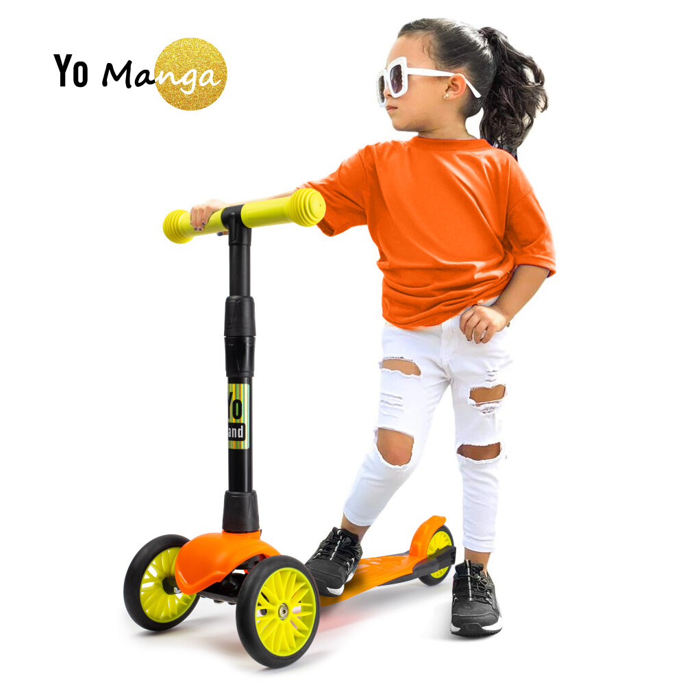 Самокат детский трехколесный Yo Manga стильный легкий бесшумный 3-колесный складной, оранжевый-желтый