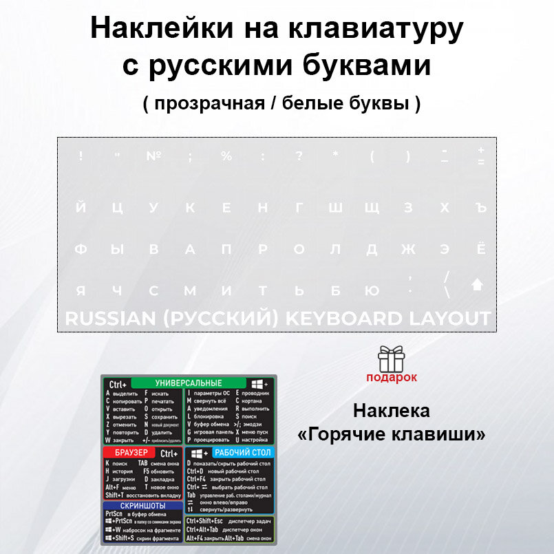 Наклейки на клавиатуру с русскими буквами стикеры прозрачные/ чёрные буквы