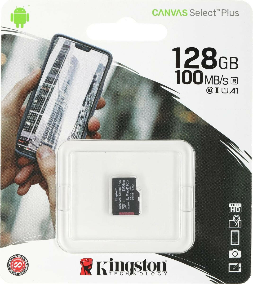 Карта памяти MicroSD 128GB - Class10, Kingston Canvas Select Plus A1 (100 Mb/s) без адаптера