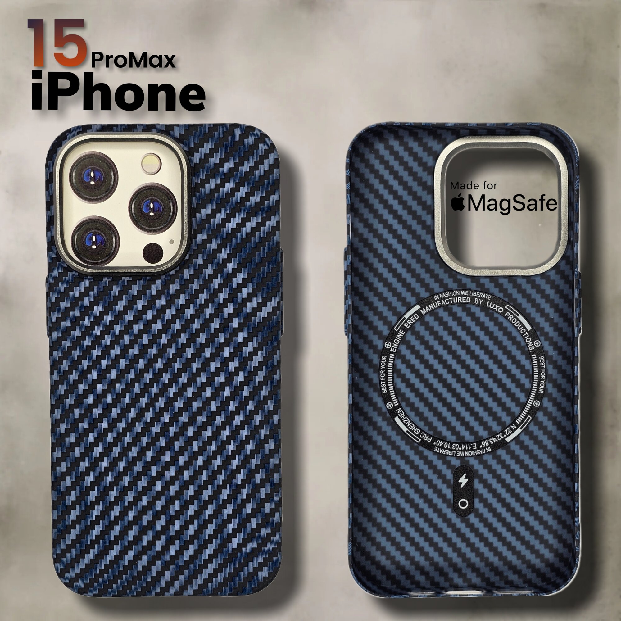 Чехол на айфон 15 Про Макс с МагСейф из Кевлара / чехол на iPhone 15 Pro Max с MagSafe Kevlar LUXO Life+, темно-синий карбоновый