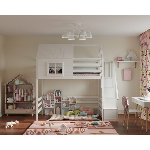 Кровать-Чердак Домик 200*90 торцевая лестница, имитация окна и крыши второй ярус