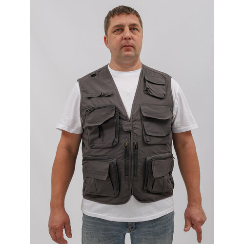 Жилет мужской сетчатый серый разгрузочный строительный, для рыбалки, охоты, 2xl