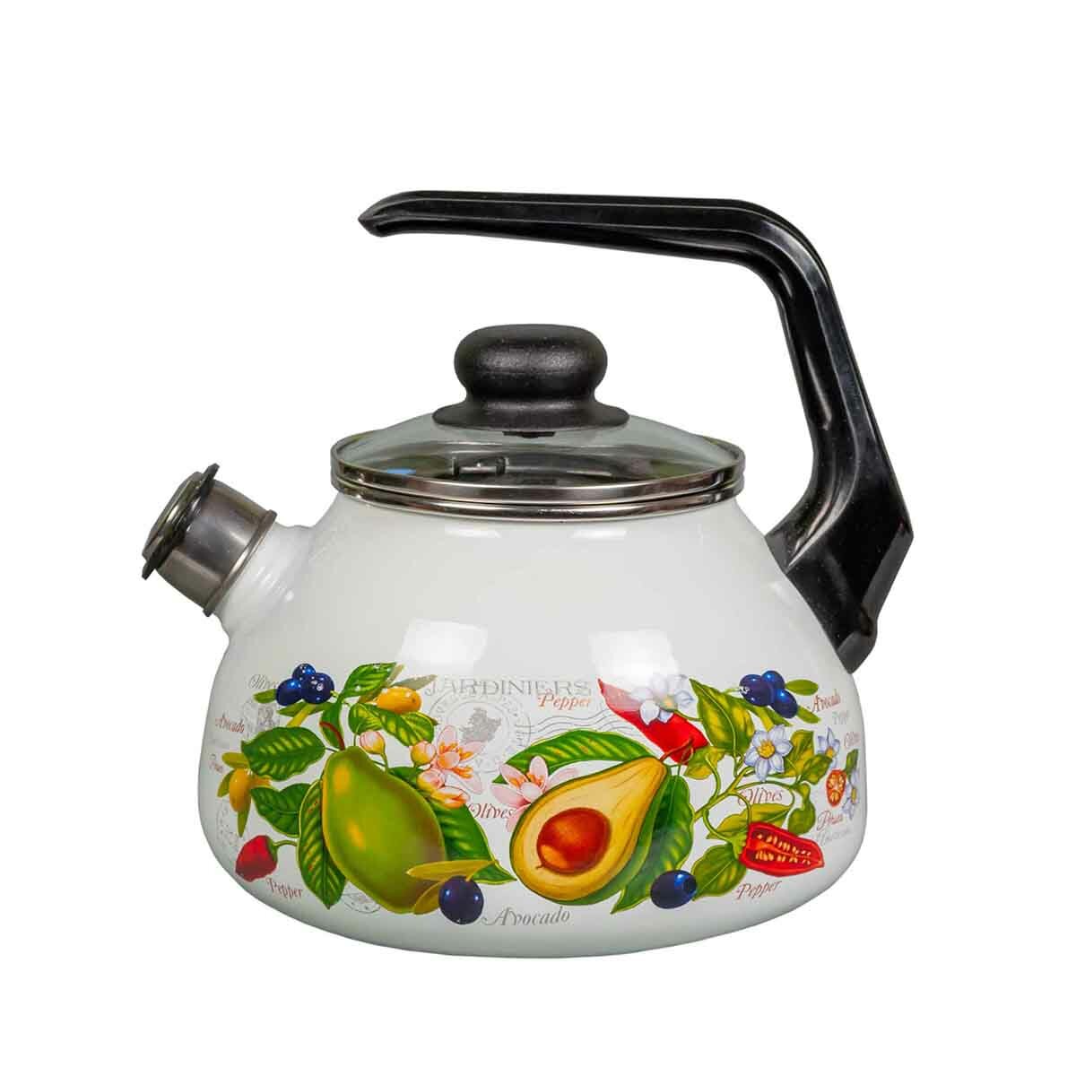 Чайник эмалированный со свистком СтальЭмаль Авокадо  2 л  белый с декором
