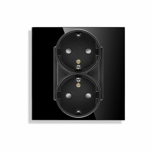 Розетка 2 поста, рамка из закаленного стекла, с заземлением и защитными шторками