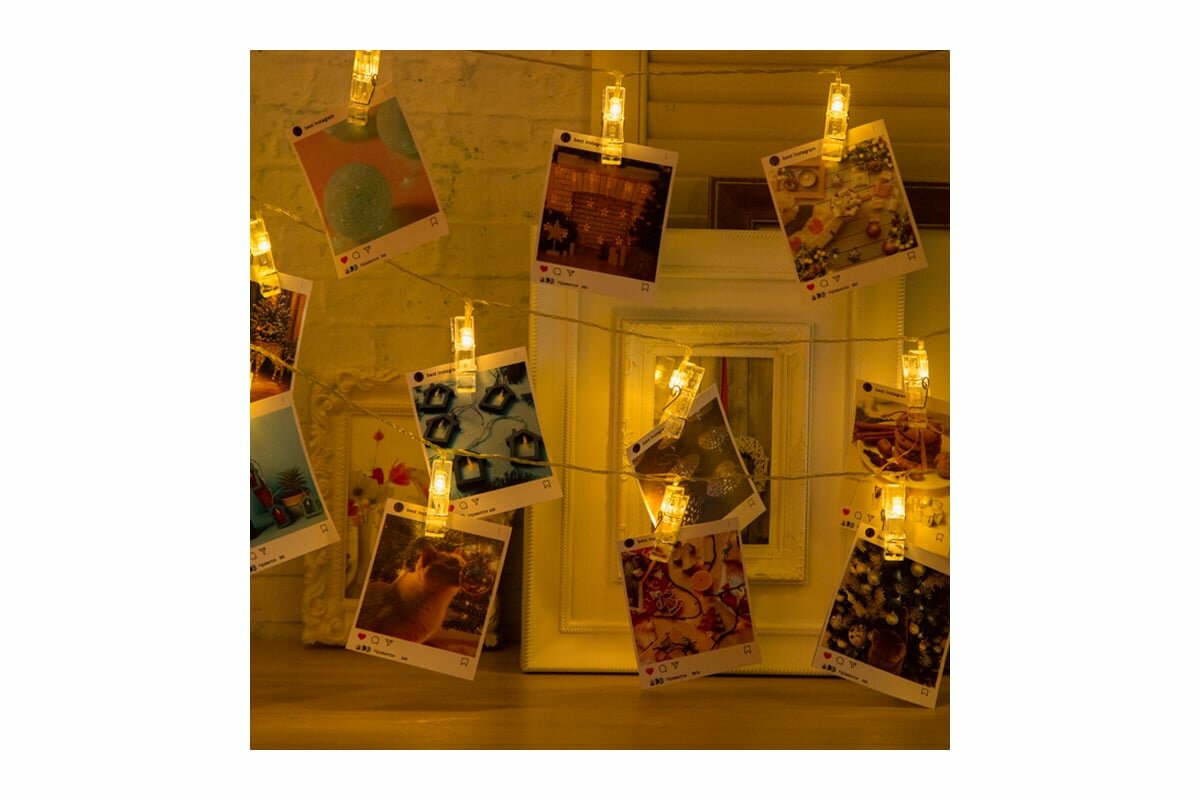 фото Гирлянда «Нить» 5 м с насадками «Прищепки», IP20, прозрачная нить, 30 LED, свечение тёплое белое, 8 режимов, 220 В