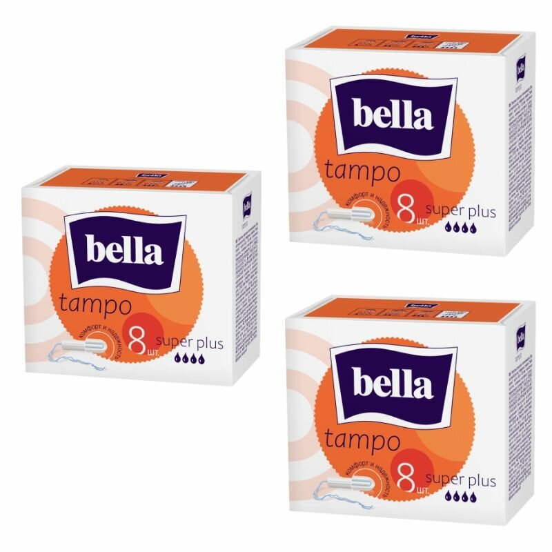BELLA Тампоны женские гигиенические, Premium Comfort, Tampo Bella Super Plus, без аппликатора, 8 штук в упаковке, 3 уп.