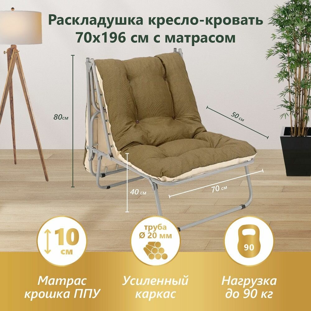 фото Раскладушка кресло - кровать раскладное, без подлокотников, матрас 10 см зафиксирован к каркасу с помощью пружин, спальное место 70Х 196см