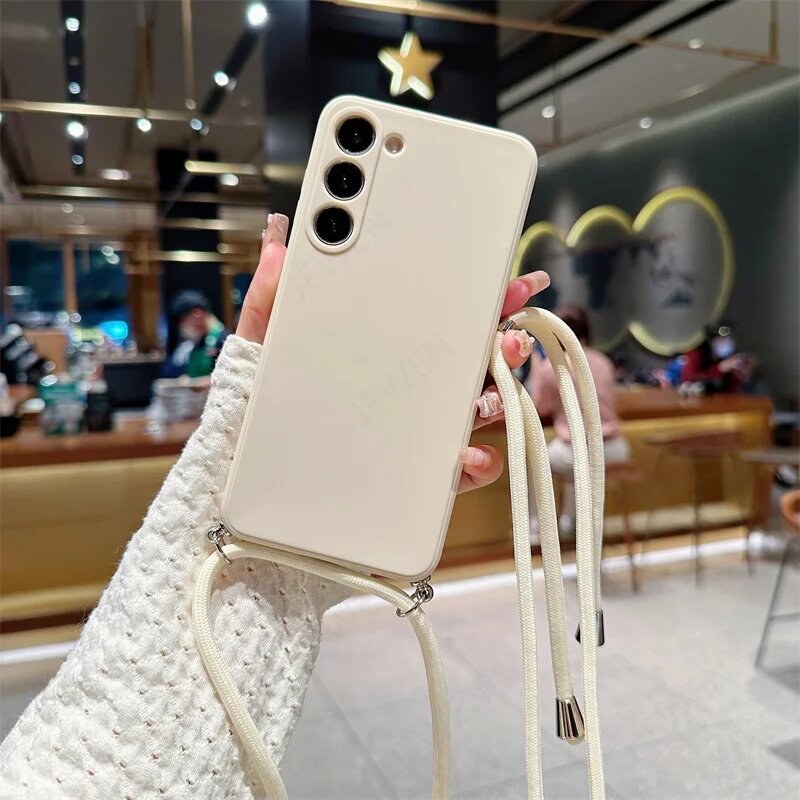 Чехол ярких цветов с ремешком через плечо для Samsung Galaxy S24 S23 S22 S21 S20 FE Plus Note 20, ультра силиконовая мягкая задняя крышка из ТПУ, Antique White, For Samsung S24