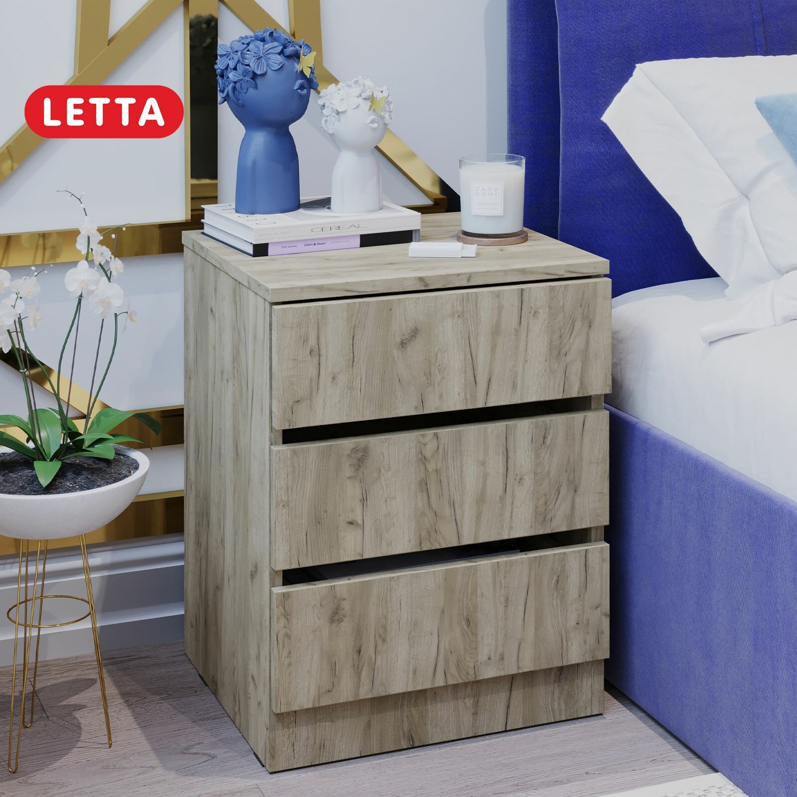 Тумба прикроватная LETTA "Индиго", ЛДСП, серый, 3 выдвижных ящика