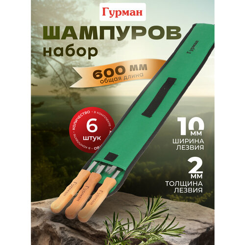 Набор шампуров 6 шт, 600х10х2 мм с деревянной ручкой в чехле, Гурман серебристый, коричневый