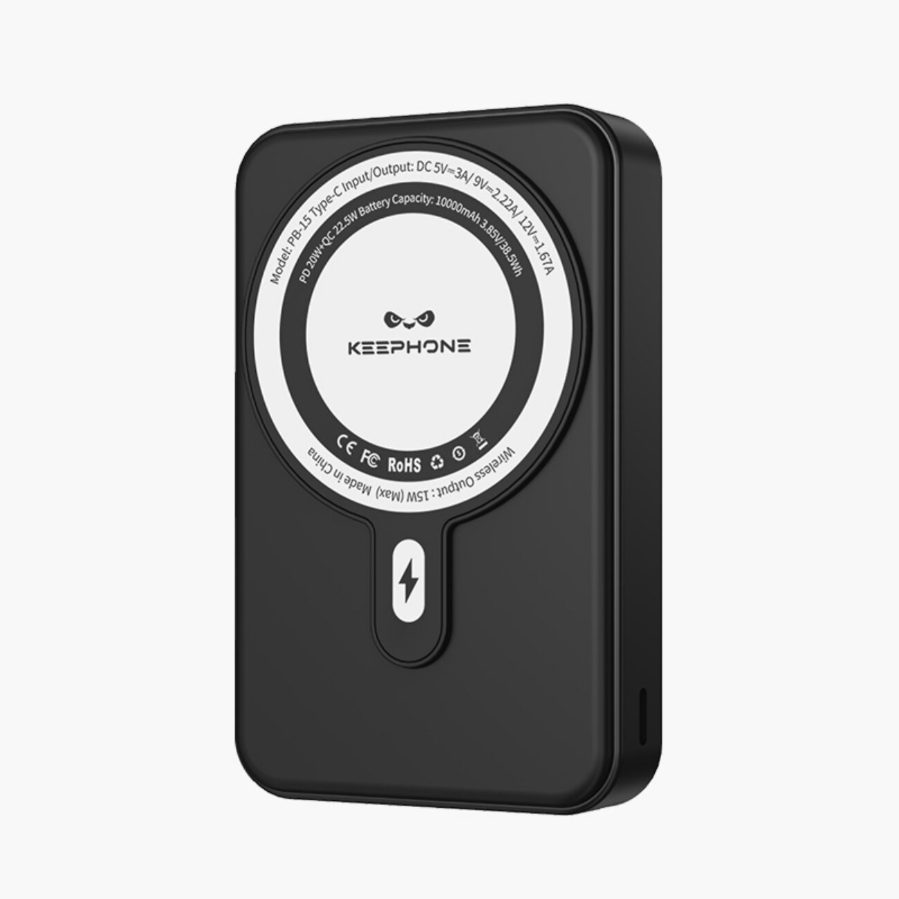 Повербанк с беспроводной зарядкой для телефона KEEPHONE / Быстрая зарядка аккумулятора: 10000 мАч, подставка — Чёрный