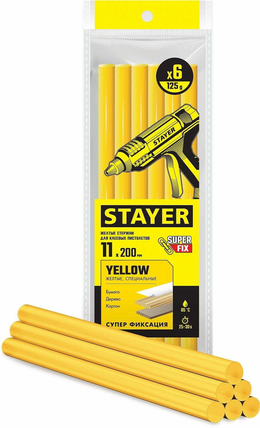Клеевые стержни STAYER Yellow жёлтые 11 х 200 мм 6 шт Professional (2-06821-Y-S06)