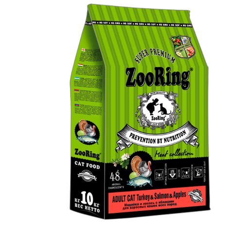 Сухой корм Zooring Adult Cat, для взрослых кошек, с индейкой, лососем и яблоками, 10 кг