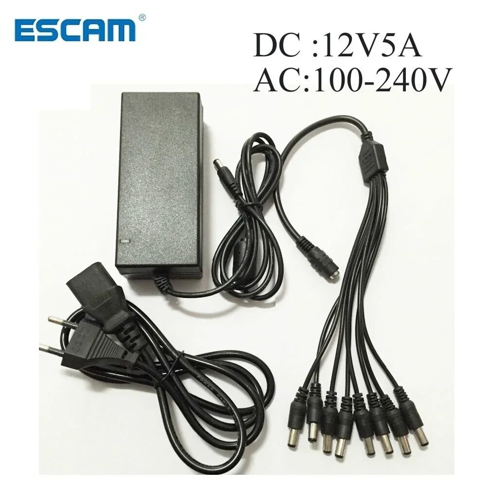 Адаптер питания Escam DC 12 в, 5 а + 8 раздельных кабелей питания для камер видеонаблюдения, аналоговые AHD TVI CVI камеры, DVR системы, вилка ЕС