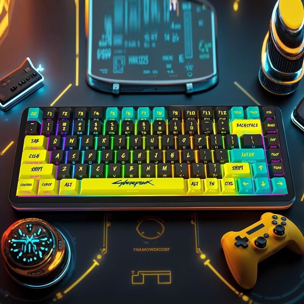 Кейкапы для механической клавиатуры CyberPunk 2077 / 129 штук в комплекте / с боковыми прозрачными буквами. — фото 1