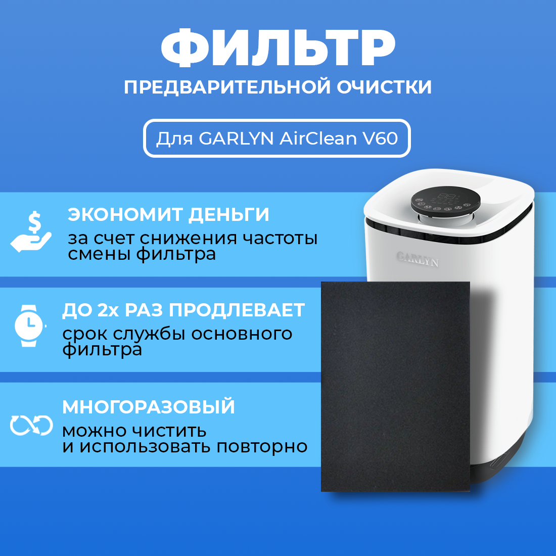 Фильтр для климатического комплекса GARLYN AirClean V60. Префильтр. Многоразовый