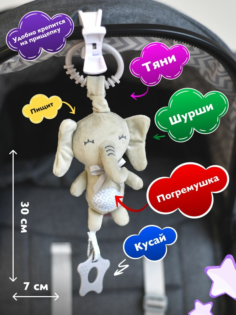 Погремушка для новорожденного 0+ мягкая с прорезывателем. Подвесная игрушка Слоник для малышей на кроватку коляску. Развивающие игрушки от 0, 6 месяцев до года — фото 1