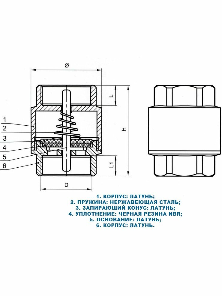 Обратный клапан 1 дюйм CTM, пружинный, латунь, с латунным штоком, Ду 20, 25бар, 110 °C — фото 1