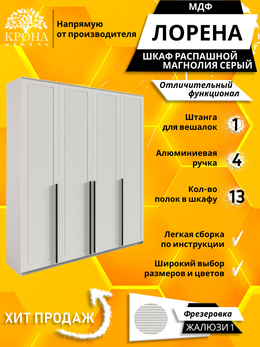 Шкаф распашной Лорена 4 МДФ Жалюзи, серый/магнолия 220Х60Х210 4 двери, 13 полок