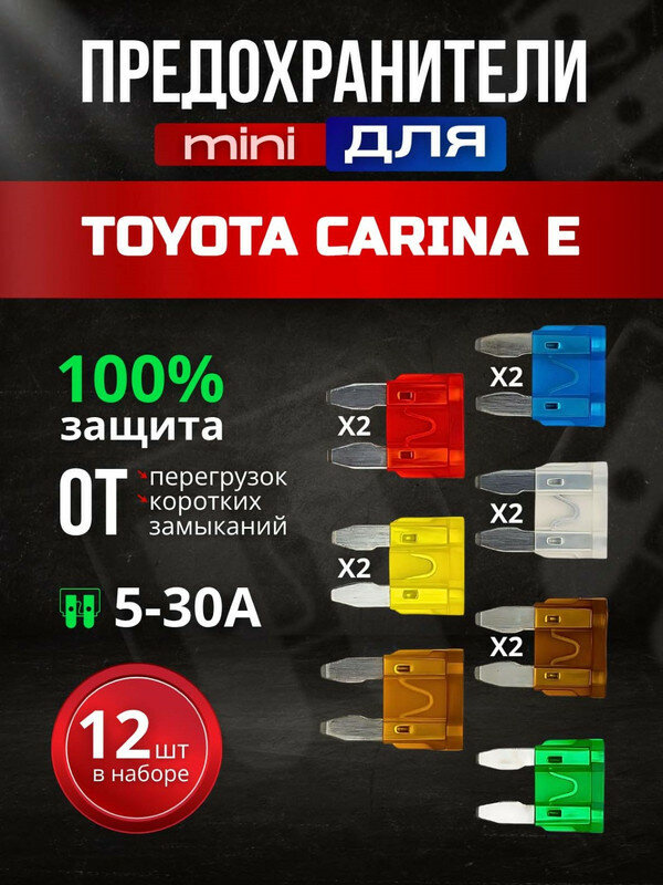 Предохранители для Тойота Карина Е (Toyota Carina E) / автомобильный набор Мини, 12 штук с пинцетом / флажковые 5-30 А