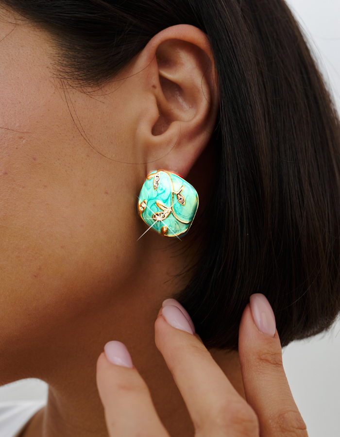 Серьги пусеты, циркон, фианит, эмаль