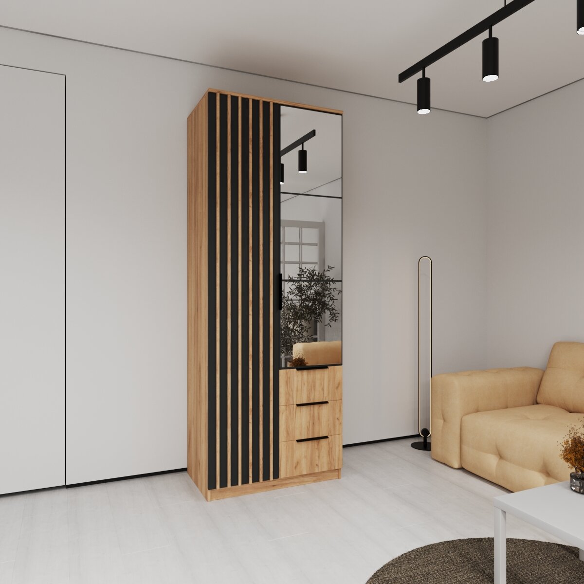 Шкаф Сорренто 3, 800x2150x500 мм, Дуб Крафт Золотой / Антрацит, 2 двери, 3 ящика, 4 полки, зеркало