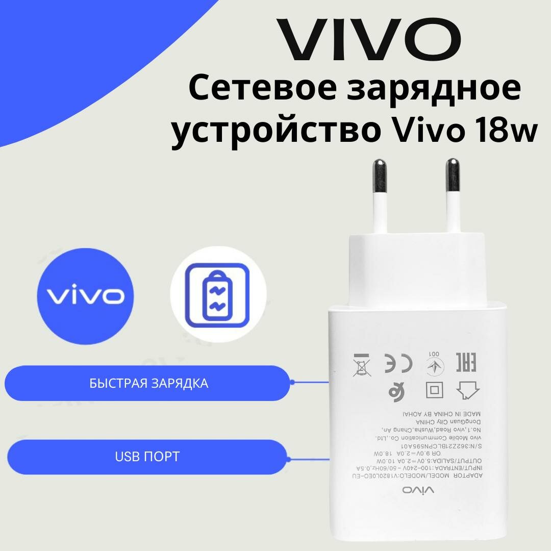 Сетевое зарядное устройство для Vivo 18w(V1820L0E0-EU)с USB входом. Быстрая зарядка.