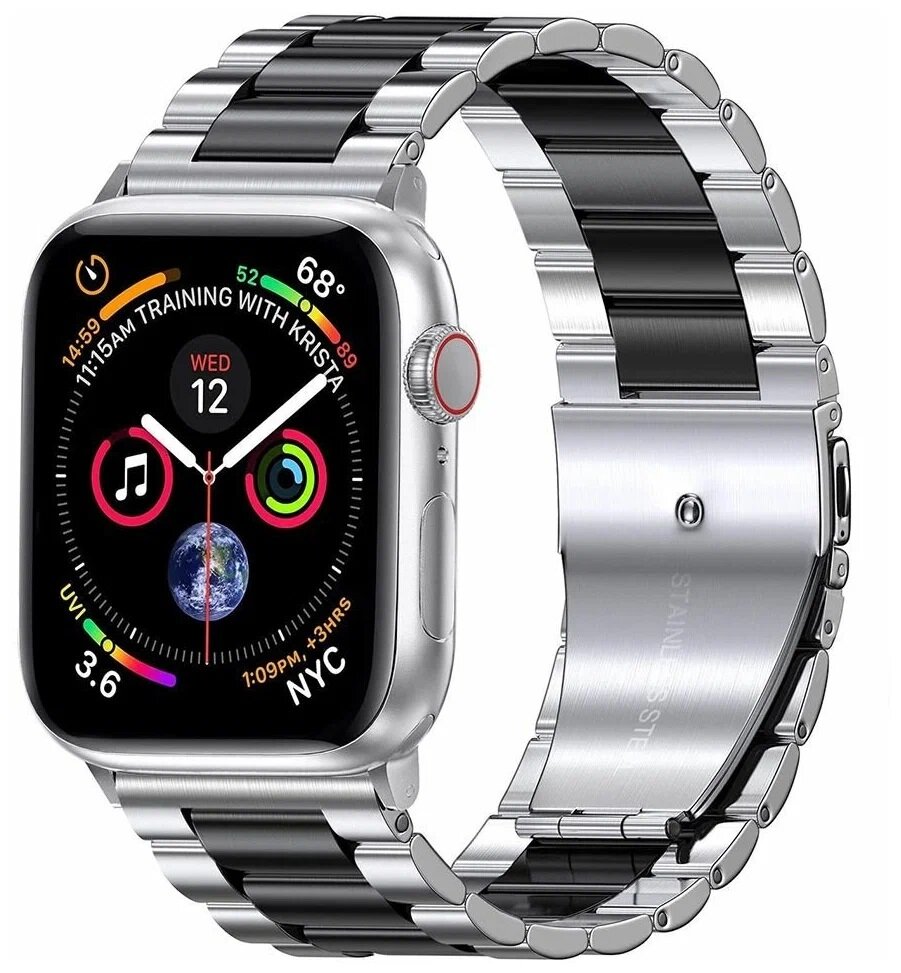 Ремешок металлический из нержавеющей стали для Apple Watch (42/44/45/49) series 1-8, SE, Ultra, блочный, серебристо-черный